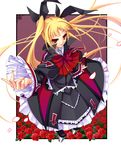  blazblue blonde_hair bow dress flower hair_ribbon highres long_hair rachel_alucard red_bow red_eyes ribbon rose sayo_wini smile solo twintails 