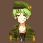  bad_id bad_pixiv_id beret blood blood_on_face bloody_clothes brown_background camouflage dog_tags flippy green_eyes green_hair grin happy_tree_friends hat lemontea male_focus simple_background smile solo uniform 