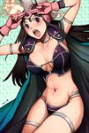  armor bikini bikini_armor black_hair blush breasts chi-chi_(dragon_ball) cloak dragon_ball dragon_ball_(classic) harumaki helmet large_breasts long_hair open_mouth solo swimsuit 