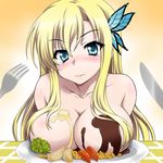  blonde_hair blue_eyes blush boku_wa_tomodachi_ga_sukunai breast_rest breasts butterfly_hair_ornament food_on_body fork hair_ornament kashiwazaki_sena knife large_breasts long_hair nude peter_(gvb) solo tears upper_body 