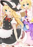  alice_margatroid apron ascot bad_id bad_pixiv_id blonde_hair blue_dress blue_eyes book braid capelet crescent dress grin hair_ribbon hairband hat hat_ribbon highres kirisame_marisa long_hair looking_back multiple_girls one_eye_closed open_mouth patchouli_knowledge pink_hair purple_eyes purple_hair ribbon saibi sash shirt skirt skirt_set smile touhou vest witch_hat 