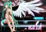  aqua_eyes aqua_hair barefoot bridal_gauntlets elbow_gloves feathers feet fingerless_gloves gloves hatsune_miku hatsune_miku_(append) highres instrument legs long_hair navel necktie piano single_glove single_wing sitting solo twintails very_long_hair vocaloid vocaloid_append wangchuan_de_quanyan wings 