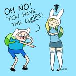  annoyed backpack blonde_hair blue_background breasts chubby english_text female finn_the_human fionna_the_human first_time gasp hair hat human humor knees lump male mammal not_furry plain_background shocked socks text unknown_artist 