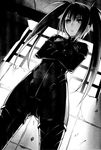  bodysuit crossed_arms frown greyscale highres ikeda_yasuhiro monochrome non-web_source older solo steins;gate tennouji_nae twintails window 