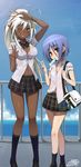  antenna_hair ayane_ichijou bag black_legwear blue_hair blush bow bra bra_through_clothes bracelet breasts cleavage dark_elf dark_skin day dress_shirt elf flat_chest food grin height_difference highres jewelry kneehighs large_breasts lingerie loafers long_hair long_legs midriff mouth_hold multiple_girls navel one_eye_closed ookuma_(nitroplus) open_clothes open_shirt pink_bra plaid plaid_skirt pleated_skirt pointy_ears ponytail popsicle railing red_eyes sansei_muramasa school_uniform see-through shading_eyes shirt shoes short_hair shoulder_bag silver_hair skirt sleeves_rolled_up smile soukou_akki_muramasa sweat unbuttoned underwear v wet wet_clothes wet_shirt white_hair yellow_eyes 