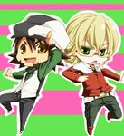  bad_id bad_pixiv_id barnaby_brooks_jr belt blonde_hair brown_eyes brown_hair cabbie_hat chibi facial_hair glasses green_eyes hat jacket jewelry kaburagi_t_kotetsu kanade_(reveryearth) multiple_boys necktie red_jacket ring salute stubble studded_belt tiger_&amp;_bunny vest waistcoat wedding_band yellow_eyes 