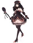  bare_shoulders black_gloves black_hair dress elbow_gloves gloves gothic_lolita headdress high_heels holding holding_spoon lolita_fashion long_hair magical_girl na_young_lee original pantyhose shoes solo spoon strapless strapless_dress striped striped_legwear sweets_midnight_dessert 