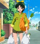  bag carrying english_flag green_eyes green_hair groceries highres midorikawa_nao open_mouth ponytail precure ribbon road scenery screencap shorts sleeves_rolled_up smile smile_precure! solo spring_onion stitched street third-party_edit tree vanishing_point 
