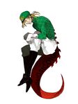  blonde_hair boots diego_brando dinosaur drawr full_body green_shirt hat jojo_no_kimyou_na_bouken male_focus roe_(d-c_-b) scary_monsters_(stand) shirt simple_background solo steel_ball_run tail white_background 