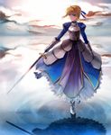  ahoge armor armored_dress artoria_pendragon_(all) blonde_hair dress excalibur fate/stay_night fate_(series) gauntlets green_eyes hair_ribbon ribbon saber shion_(kizuro) solo standing standing_on_liquid standing_on_one_leg sword weapon 