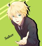  ahoge arthur_pendragon_(fate) bad_id bad_pixiv_id blonde_hair character_name fate/prototype fate_(series) formal green_background green_eyes male_focus necktie outstretched_hand pietani397 smile solo suit 