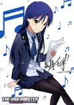  absurdres beamed_sixteenth_notes blue_hair brown_eyes cover dvd_cover earphones eighth_note highres idolmaster idolmaster_(classic) kisaragi_chihaya light_smile listening_to_music long_hair looking_at_viewer musical_note necktie nishigori_atsushi non-web_source official_art pantyhose quarter_note school_uniform sheet_music signature sitting smile solo 