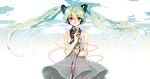  bad_id bad_pixiv_id bare_shoulders cloud dress floating_hair green_hair hatsune_miku headphones long_hair microphone microphone_stand platina77 purple_eyes sky solo twintails very_long_hair vocaloid 