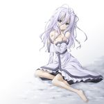  alternate_costume barefoot breasts cleavage full_body hair_ornament highres ice jewelry letty_whiterock long_hair medium_breasts miyupon necklace no_hat no_headwear off_shoulder purple_eyes snow solo touhou white_hair yuki_onna 