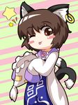  :p animal_ears bad_id bad_pixiv_id blush_stickers brown_eyes brown_hair cat_ears cat_tail chen chibi cosplay hat hat_removed headwear_removed jewelry mesou-san multiple_tails one_eye_closed short_hair single_earring smile solo star tabard tail tongue tongue_out touhou yakumo_ran yakumo_ran_(cosplay) 