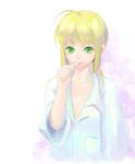  ahoge artist_request artoria_pendragon_(all) blonde_hair breasts brushing_teeth cleavage fate/stay_night fate_(series) green_eyes pajamas pale_color saber sleeves_rolled_up small_breasts solo 