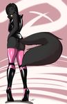  female heels janine kavi latex leotard looking_at_viewer looking_back mammal melanistic rubber skunk smile solo standing unitard 