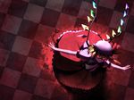  backlighting checkered checkered_floor flandre_scarlet from_above glowing glowing_eyes hat lauqe outstretched_arms short_sleeves solo spread_arms touhou 