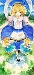  alice_margatroid alice_margatroid_(pc-98) blonde_hair blush book bow closed_eyes doll dress floating hair_bow hair_ribbon ribbon short_hair solo touhou touhou_(pc-98) traditional_media wwwe314 