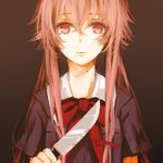  bad_id bad_pixiv_id bow bowtie brown_background gasai_yuno hair_bow holding knife lemontea long_hair mirai_nikki pink_eyes pink_hair school_uniform solo weapon 