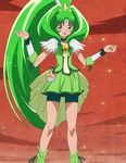  arms_up bike_shorts boots bow compact cure_march dress green_eyes green_hair hair_ornament highres long_hair midorikawa_nao open_mouth precure red_background ribbon screencap smile_precure! solo stitched surprised third-party_edit tiara tri_tails very_long_hair wrist_cuffs 