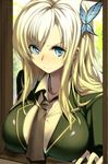  aqua_eyes blonde_hair blush boku_wa_tomodachi_ga_sukunai breast_rest breasts butterfly_hair_ornament cleavage gen_(black_factory) hair_ornament kashiwazaki_sena large_breasts long_hair necktie school_uniform solo st._chronica_academy_uniform unbuttoned 