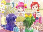  5girls aoki_reika blue_hair bow candy_(smile_precure!) card cardigan crumbs drink eating eyelashes food food_on_face french_fries gen_1_pokemon green_hair hair_bow hair_ornament hairclip hamburger hino_akane_(smile_precure!) hoshizora_miyuki kise_yayoi mcdonald's midorikawa_nao multiple_girls nanairogaoka_middle_school_uniform ootani_ikue owarine_miku pikachu pink_bow pink_eyes pink_hair pokemon pokemon_(creature) precure red_eyes red_hair school_uniform seiyuu_connection sitting sleeves_rolled_up smile_precure! spongebob_squarepants spongebob_squarepants_(character) sweater_vest tail tail_wagging toy trading_card wolfrun 