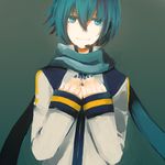  aqua_eyes aqua_hair bad_id bad_pixiv_id green_background hands_on_own_chest headset kaito lemontea male_focus nail_polish scarf simple_background smile solo vocaloid 