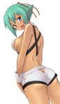  aquarion_(series) aquarion_evol ass breasts butt_crack fang green_hair hashi medium_breasts no_panties open_mouth purple_hair short_hair short_shorts shorts sideboob simple_background solo white_background zessica_wong 
