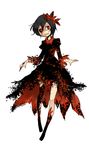  :d absurdres aki_shizuha alternate_color alternate_hair_color black_hair black_sclera blood blood_on_face dress highres leaf looking_at_viewer mismatched_sclera no_shoes open_mouth red_eyes shigureru simple_background smile solo touhou white_background 