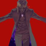  cassock cross fate/stay_night fate_(series) hair_over_eyes kotomine_kirei long_coat male_focus muted_color outstretched_arms rei_(sanbonzakura) simple_background smile solo 