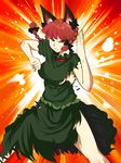  animal_ears bare_legs braid breasts cat_ears extra_ears fighting_stance highres kaenbyou_rin medium_breasts meganemausu pointy_ears red_eyes red_hair sideboob solo torn_clothes touhou twin_braids twintails 