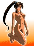  90s bangs barefoot blue_eyes breasts brown_hair dark_skin feet gradient gradient_background grin highres kneeling long_hair looking_at_viewer medium_breasts miyazawa_mayu navel nipples non-web_source nude official_art oldschool outline parted_bangs ponytail profile pubic_hair scrunchie sidelocks smile solo very_long_hair yamada_masaki zenkoku_seifuku_bishoujo_grand_prix 