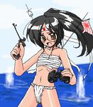  bare_shoulders binoculars black_hair brown_eyes flag flat_chest fundoshi glasses gun hachimaki handgun headband japanese_clothes konoekihei lowres mecha_musume military navel ocean oekaki open_mouth original personification picket_boat pistol rising_sun sarashi ship solo sunburst sweatdrop water watercraft weapon world_war_ii 