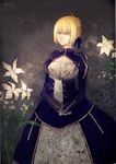  2011 ahoge artoria_pendragon_(all) bad_id bad_pixiv_id blonde_hair dated dress fate/stay_night fate_(series) flower green_eyes grey_background hair_ribbon highres nibanmachi_wakai ribbon saber short_hair solo standing 