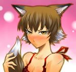  animal_ears apron blush breasts brown_eyes brown_hair cleavage embarrassed fox_ears fox_tail kitsune_(persona_4) looking_at_viewer medium_breasts naked_apron persona persona_4 personification scar segami_daisuke tail white_hair 