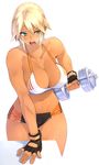  23_(real_xxiii) aqua_eyes bare_shoulders blonde_hair blue_eyes breasts breath cleavage curvy dark-skinned_girl_(23) dark_skin dumbbell fingerless_gloves gloves highres large_breasts lips midriff muscle muscular_female navel open_mouth original short_hair short_shorts shorts solo sweat tan thigh_gap uneven_eyes weightlifting 