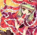  black_legwear blush dress frills front_ponytail green_eyes green_hair hair_ribbon hazakura_satsuki kagiyama_hina leaf mouth_hold red_dress ribbon ribbon_in_mouth solo thighhighs too_many too_many_frills touhou wrist_ribbon 