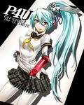  aqua_hair blue_hair blush houndstooth labrys long_hair persona persona_4:_the_ultimate_in_mayonaka_arena ponytail red_eyes robot school_uniform segami_daisuke serafuku skirt solo thighhighs very_long_hair 