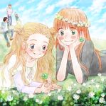  2girls 3boys blonde_hair blue_eyes blush brown_hair chin_rest cloud clover dated day double_bun four-leaf_clover friends green_eyes hanamoto_hagumi hands_on_own_face honey_and_clover long_hair lying mayama_takumi morita_shinobu multiple_boys multiple_girls oekaki official_style on_stomach plant sakai_yume signature sitting sky smile takemoto_yuuta wavy_hair wreath yamada_ayumi 