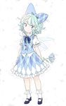  adapted_costume argyle bad_id bad_pixiv_id blue_eyes blue_hair bobby_socks bow cirno dress flower hair_bow ice ice_wings mary_janes miy pointy_ears shoes short_hair socks solo touhou white_legwear wings 