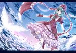  bird bow cloud dress feathers frills front_ponytail green_eyes green_hair hair_bow hair_ornament hair_ribbon kagiyama_hina kneehighs letterboxed miyakure moon red_dress ribbon sky smile solo touhou white_legwear 