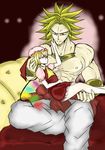  1girl bare_shoulders bed bedroom blonde_hair broly carrying chokobo_(fire89) couple crossover dragon_ball dragon_ball_z flandre_scarlet hetero highres muscle on_bed princess_carry red_eyes sitting super_saiyan touhou trait_connection 