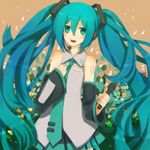  :d absurdres aqua_eyes aqua_hair aqua_skirt bad_id bad_pixiv_id bare_shoulders brown_background detached_sleeves hatsune_miku headset highres holding lemontea long_hair microphone necktie open_mouth skirt smile solo twintails very_long_hair vocaloid 