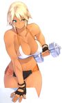  23_(real_xxiii) aqua_eyes bare_shoulders blonde_hair blue_eyes breasts cleavage curvy dark-skinned_girl_(23) dark_skin dumbbell fingerless_gloves gloves highres large_breasts lips midriff muscle muscular_female navel original short_hair short_shorts shorts simple_background solo sweat tan thigh_gap uneven_eyes weightlifting weights white_background 