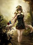  arm_ribbon bridge bug butterfly flower fog grass green_eyes green_hair hand_on_own_chest hat hat_ribbon highres insect koukyou nature ribbon river shiki_eiki shirt short_hair skirt solo touhou wading water wide_sleeves 