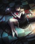  bad_id bad_pixiv_id banned_artist barefoot black_dress black_hair blood blood_splatter cellphone checkered checkered_floor dress light_rays long_hair lying on_side original parted_lips phone seafh solo strap_slip sunbeam sunlight yellow_eyes 