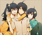  2girls araragi_karen araragi_koyomi araragi_tsukihi black_eyes black_hair brother_and_sister hair_over_one_eye hood hooded_track_jacket hoodie jacket japanese_clothes kimono kurosawa_kazuto long_hair monogatari_(series) multiple_girls nisemonogatari short_hair siblings side_ponytail sisters track_jacket 