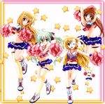  armpits arms_up blackjunk blonde_hair blue_eyes blue_skirt bow breasts brown_hair cheerleader crop_top einhart_stratos fate_testarossa green_eyes green_hair hair_bow highres jumping long_hair lyrical_nanoha mahou_shoujo_lyrical_nanoha_vivid medium_breasts midriff miniskirt multiple_girls navel no_bra one_eye_closed open_mouth pom_poms red_eyes sacred_heart shoes side_ponytail single_thighhigh skirt smile sneakers standing standing_on_one_leg star takamachi_nanoha thighhighs underboob vivio white_background yellow_legwear 