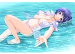  ano_natsu_de_matteru bad_id bad_pixiv_id barefoot blue_eyes blush breasts fujishima_shinnosuke long_legs lying medium_breasts navel no_bra on_back open_clothes open_shirt partially_submerged purple_hair shirt short_hair solo tanigawa_kanna water wet wet_clothes 